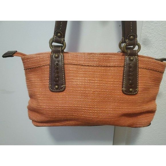 Fossil Tote Bag Salmon Fabric with Brown Leather Straps Small - Picture 2 of 8